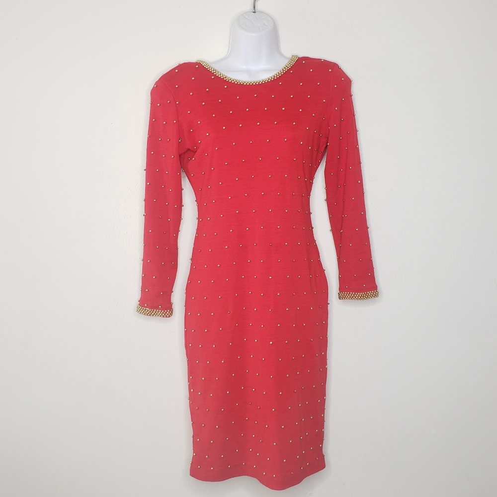 Vintatge Et Al Gold Pearl Beaded Body Con Dress Size 2